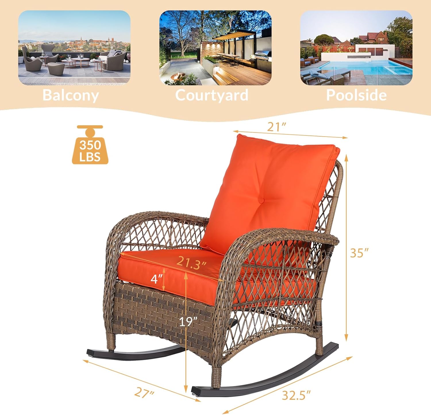 Outdoor Wicker Rocking Chair with Thickened Cushions, All-Weather Rattan Patio Rocking Chairs, Patio Wicker Rocker Chair for Porch Garden & Backyard, Orange
