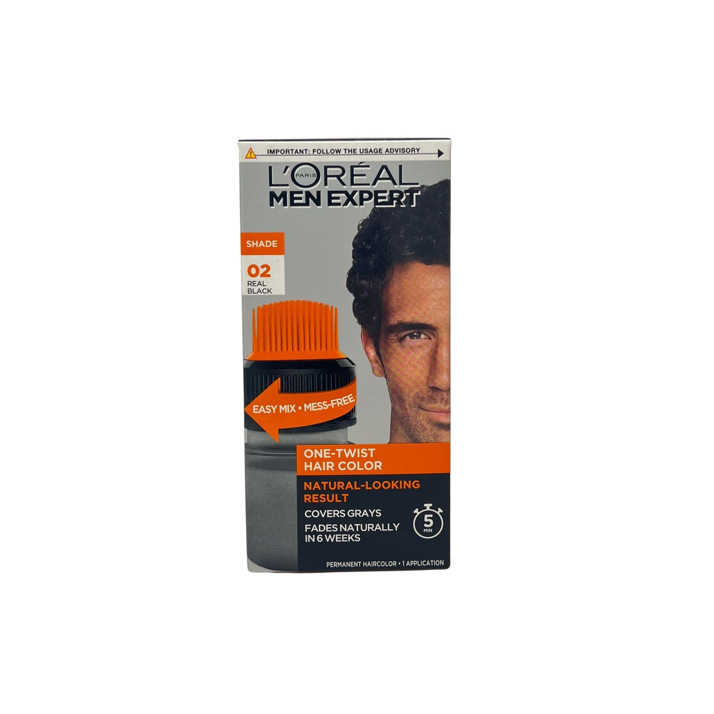 L’Oreal Paris Men Expert One Twist Mess Free Permanent Hair Color, Mens Hair Dye to Cover Grays, Easy Mix Ammonia Free Application, Real Black 02, 2 Application Kit