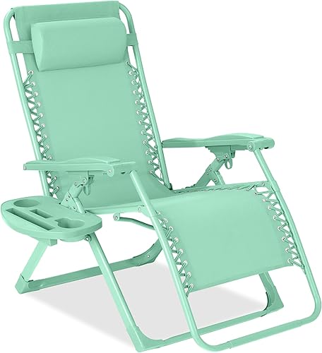 Best Choice Products Silla ajustable de gravedad cero, reclinable plegable de color monocromático con bandeja lateral, reposacabezas - menta
