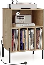 KOMFOTTEU Record Player Stand with Charging Station, Vinyl Record Rack with 5 Open Compartments, Side Table for Up to 150 Albums, Printing Table for Office (Natural)