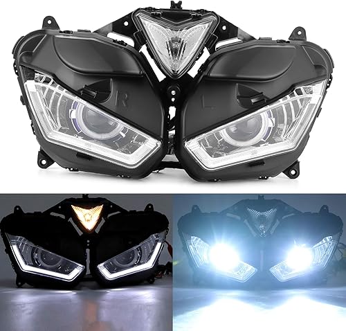Acouto Conjunto de faros delanteros LED para motocicleta Yamaha R3 R25 2015-2018 V2, blanco y azul, ojos de ángel de haz alto y bajo, reemplazo de