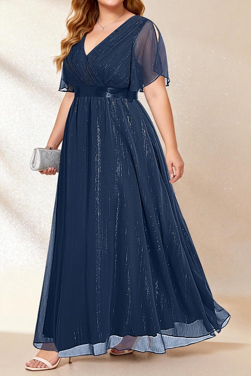 Plus Size Formal Dress - Chiffon V Neck Bridesmaid Wedding Guest Party Short Sleeve A-Line Floor Length Dresses - Image 3