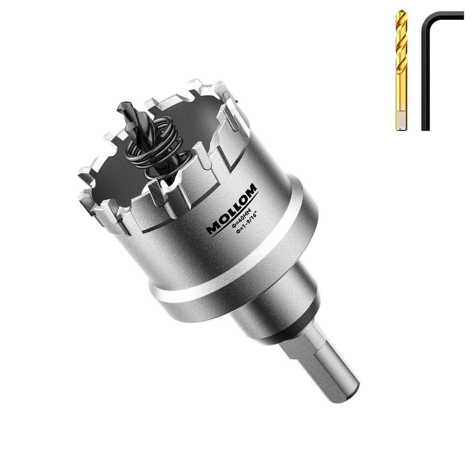 Mollom (1-9/16" | 40mm) Heavy Duty Carbide Hole Saw with 2 Pilot Drill Bits Hole Cutter cuts stainless steel, mild steel, iron, copper, brass and plastic