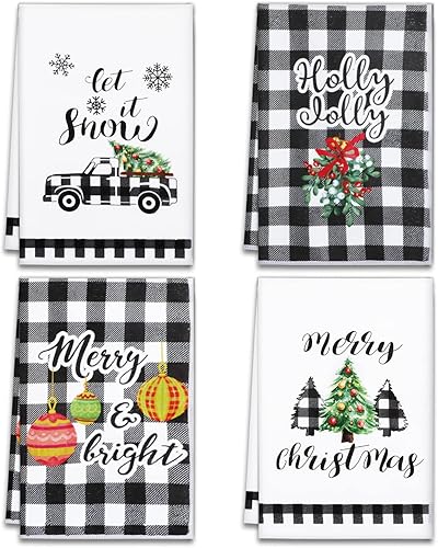 Juego de 4 paños de cocina de Navidad con diseño de búfalo negro, a cuadros, absorbentes para Navidad, decoración de cocina, muñeco de nieve, Papá