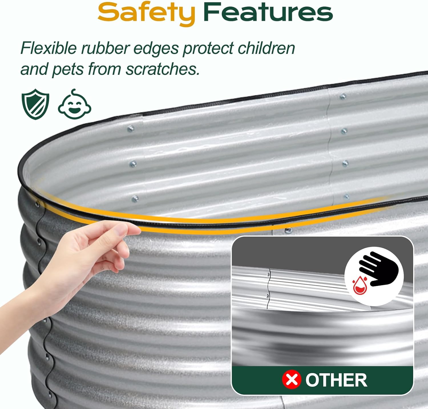 Close-up of the Aoodor raised garden bed's flexible rubber edge protector.