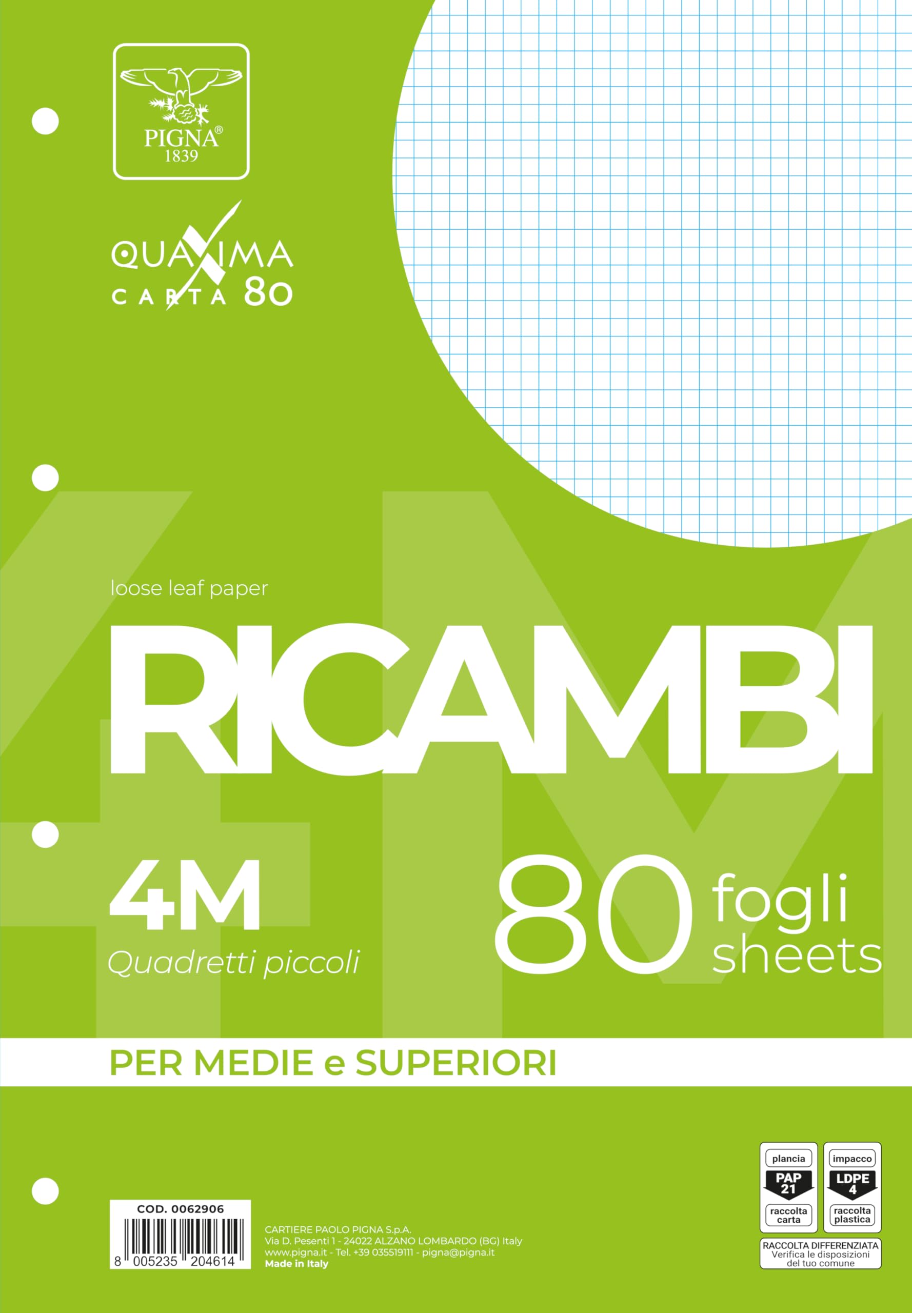 Pigna 00629064M, Unreinforced, 4M Strip, 4 mm Squares for 4th and 5th Grades, 80 g/m² Paper, 80 g/m², Pack of 80 Sheets