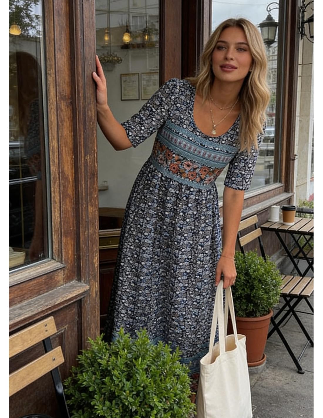 ABINGOO Mujere Vestidos de Verano Cuello Redondo Manga Corta Bohemio Floral de Playa Casual Midi Vestido Largos con Bolsillos