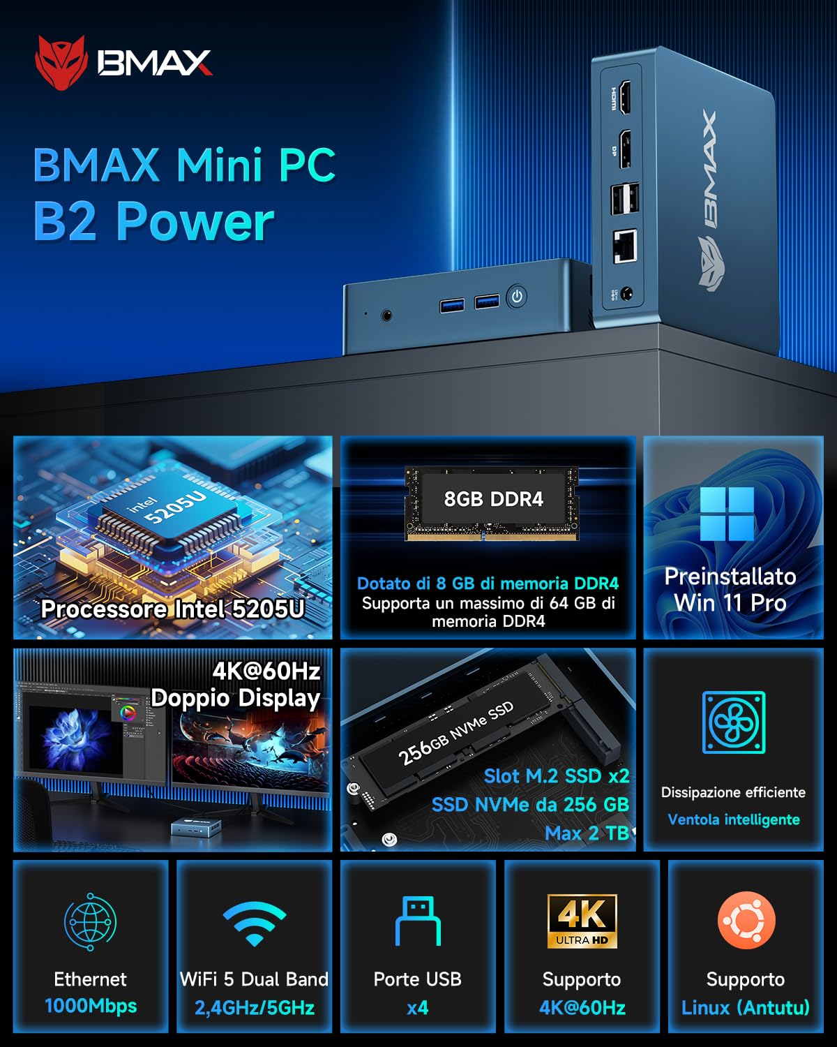 BMAX Mini PC 8GB DDR4 + 256GB NVMe SSD, Mini Computer, Ιntel 5205U (1.9 GHz), Gigabit Ethernet, 4K UHD Dual Display, Dual Wi-Fi, BT 5.0 Office Desktop PC RAM espandibile fino a 64 GB
