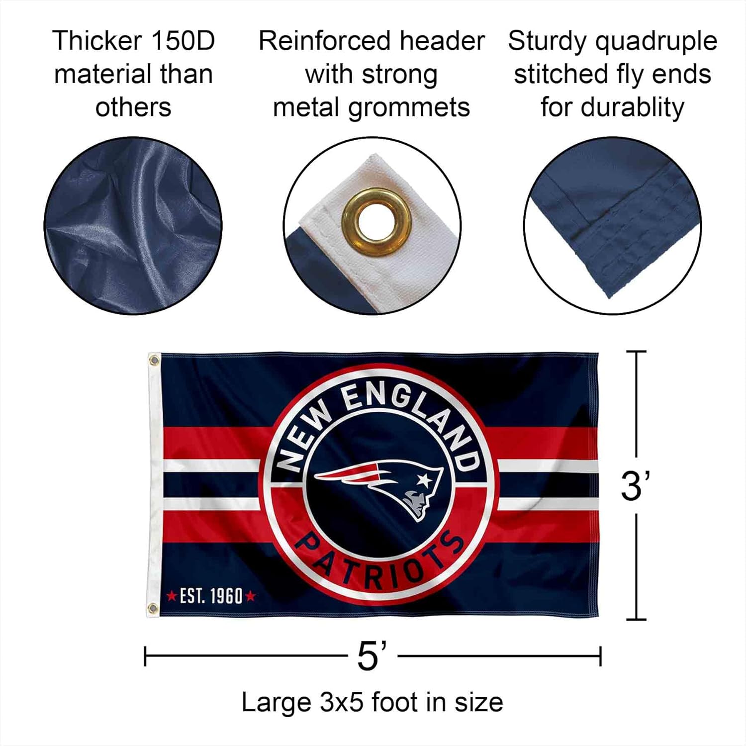 New England Patriots Patch Button Circle Logo Flag Large 3x5 Banner