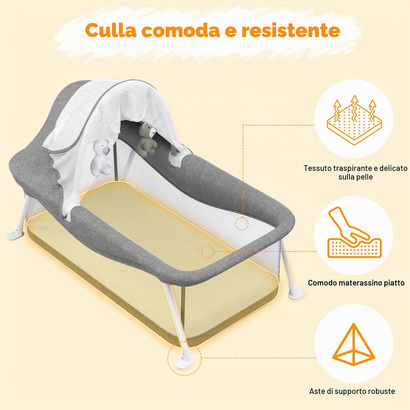Lettino da Viaggio per Bambini, Adatto per bebè da 0 a 5 mesi, Tenda da Viaggio Pieghevole, Facile da Piegare, Dotato di Zanzariera e Giocattoli, Superficie 80 x 40 cm (Grigio)