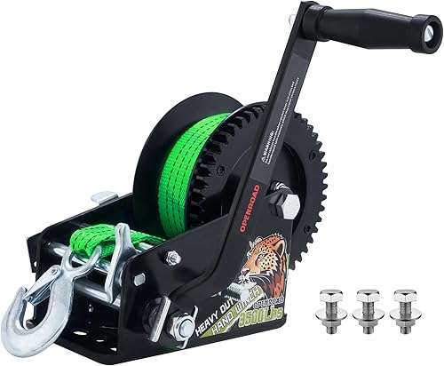 OPENROAD 3500LB Boat Trailer Winch - 32FT Green Strap, Heavy Duty Hand Winch with 2-Way Ratchet 4181 Gear - Effortlessly Tow Boat,Trailer, RV, ATV,