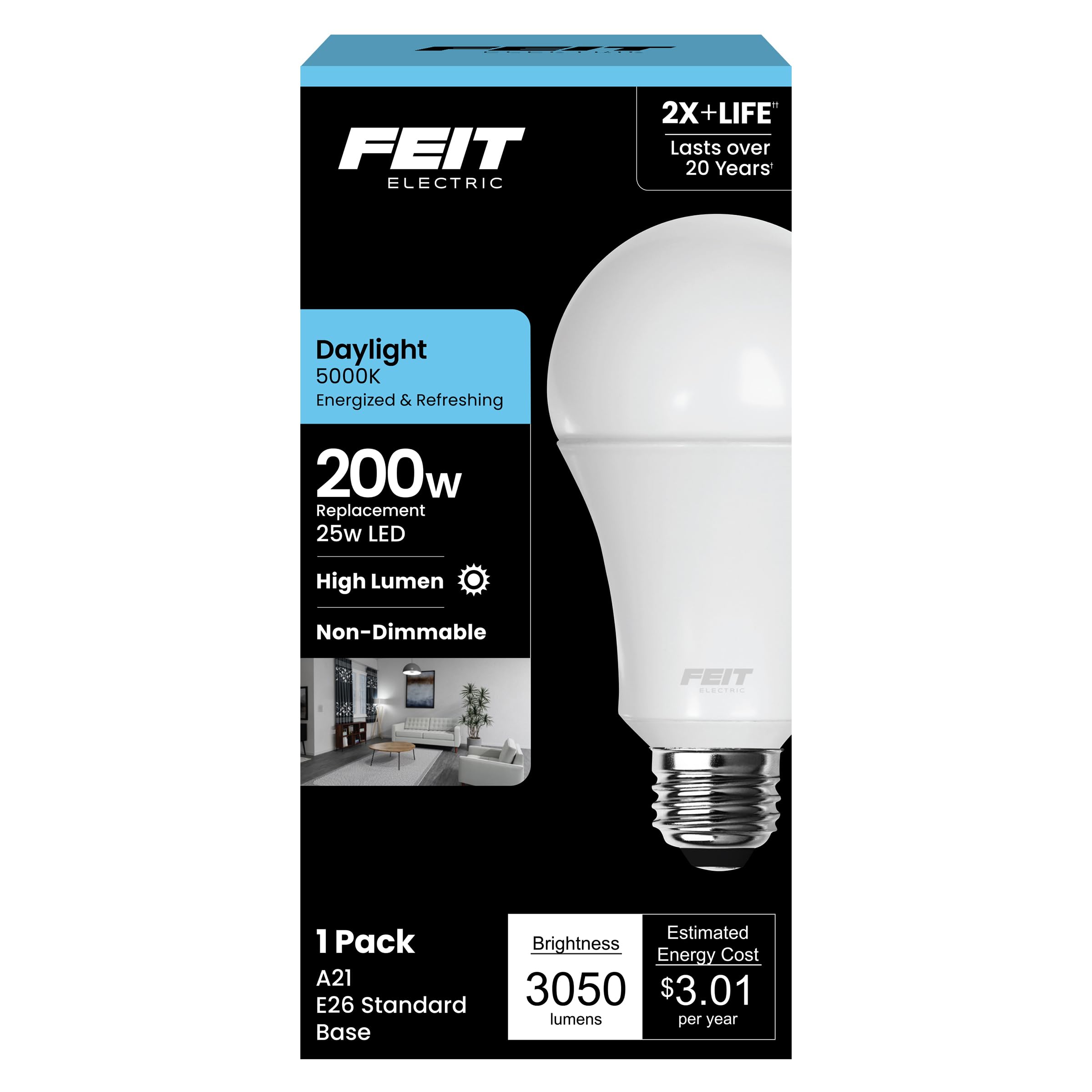 Feit Electric A21 LED Light Bulb, 200W Equivalent, Non-Dimmable, 3050 Lumens, E26 Standard Base, 5000k Daylight, High Output LED Bulb, Damp Rated, 22 Year Lifetime, OM200/850/LED