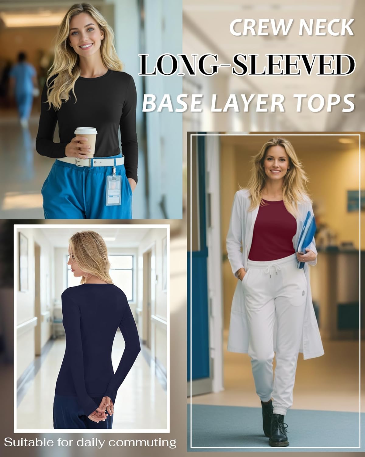 3 Pack Women's Under Scrub Shirts Long Sleeve Crew Neck Slim Fit Tees Basic Casual Soft Undershirts for Nurse