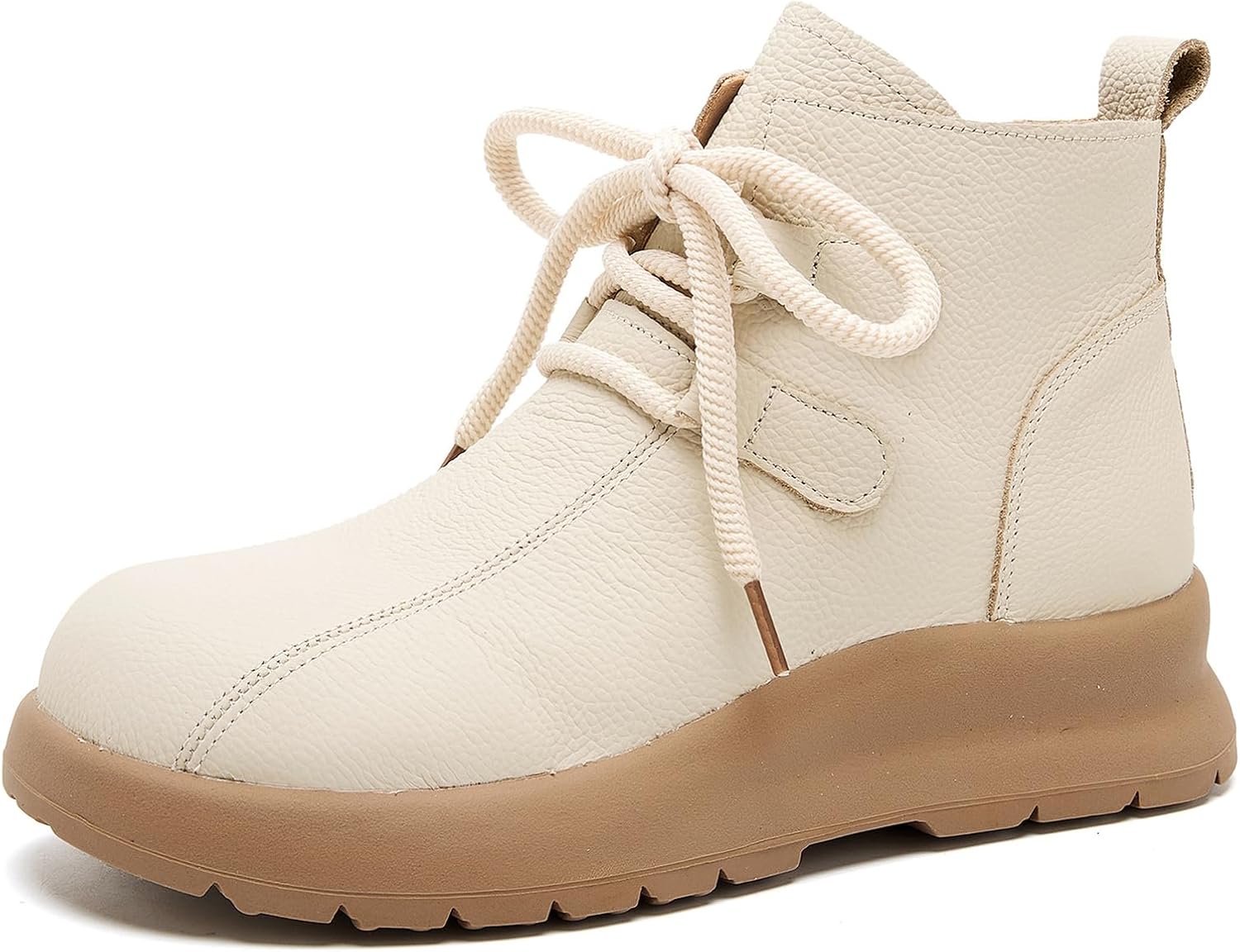 Women's Leather Platform Ankle Boots with Side Zipper Cute Round Toe Lace Up Soft Lug Sole Flat Heel Booties Daily Home Office Walking Short Boots