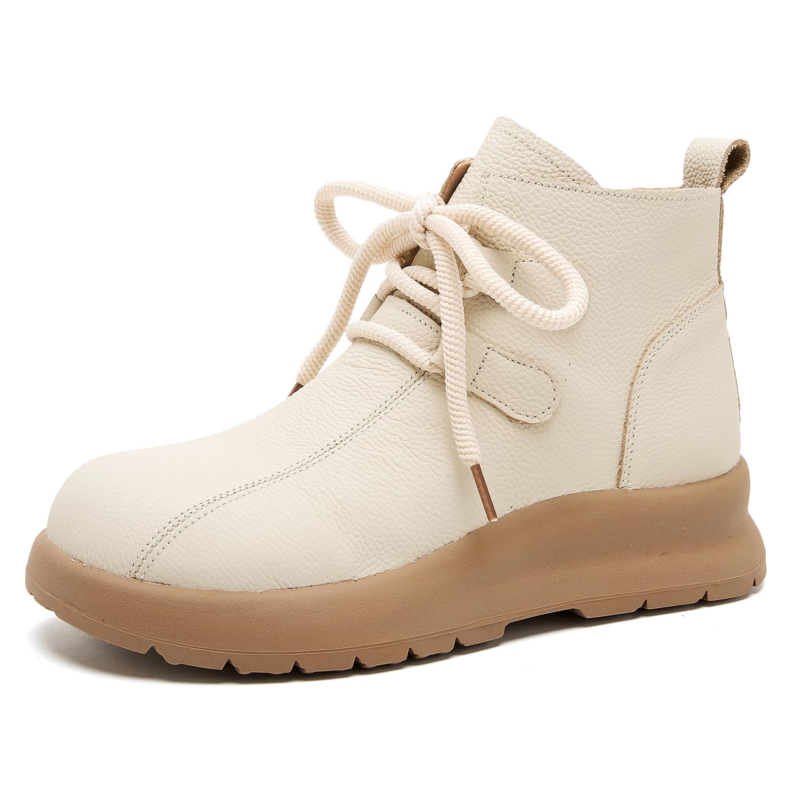 Womens Leather Platform Ankle Boots with Side Zipper Cute Round Toe Lace Up Soft Lug Sole Flat Heel
