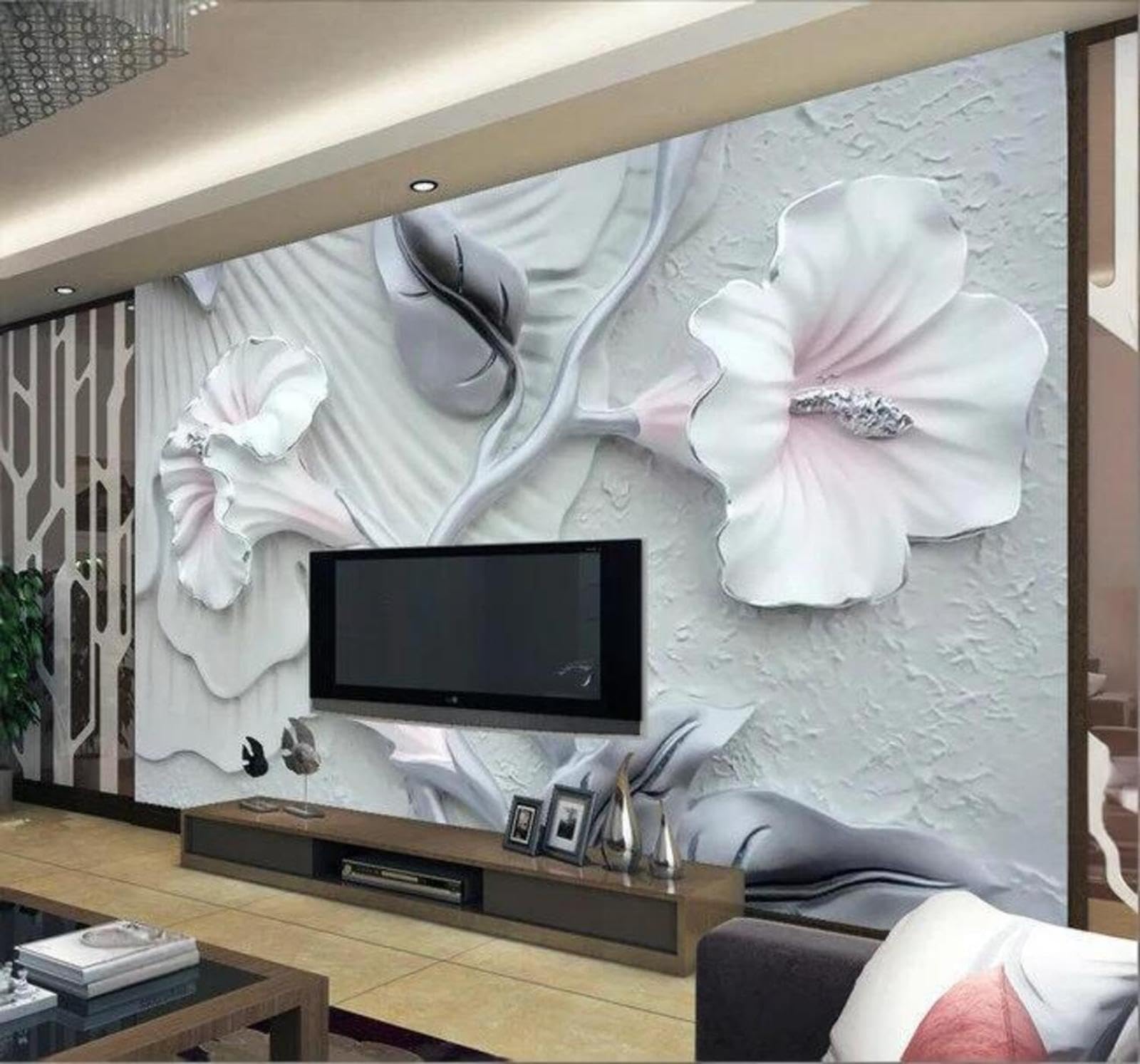 Wallpaper-3D-Xlm 350Cm×256Cm(B×H) Relief Creative Beautiful Pink Flowers 3D Wallpaper Easy Install Feature Office Living Room Sofa Bedroom Tv Background Wall Decoration-350Cm×256Cm