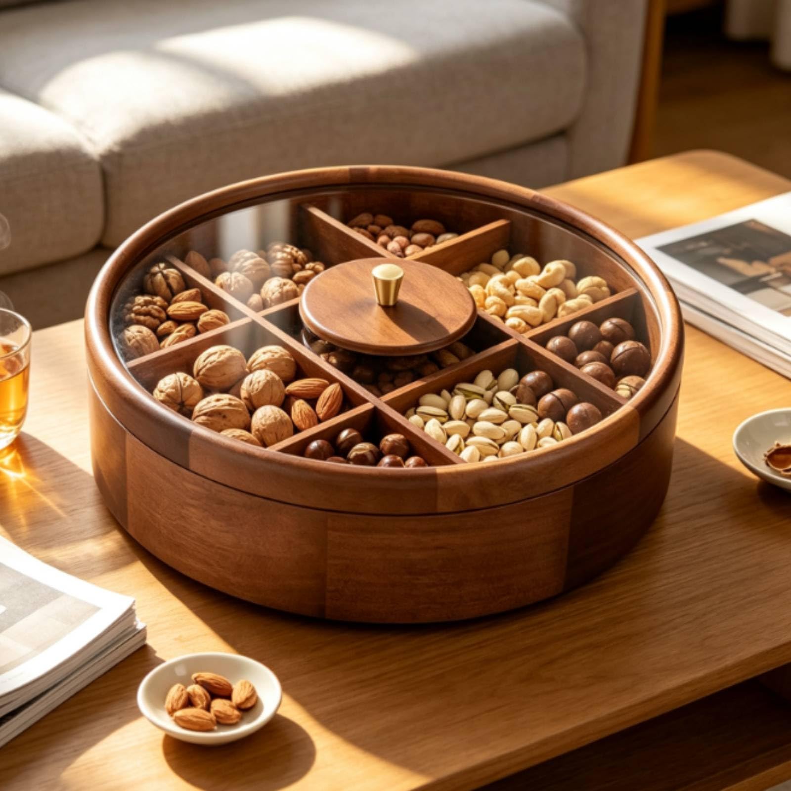 Qianly Organizador Aperitivos con Compartimentos Multicompartimento Caja Aperitivos con Tapa Redondo Banja Dividida para Invitados