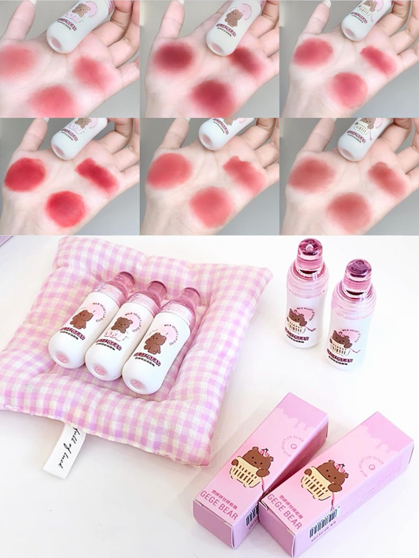 Gege Bear Milk Velvet Lip Glaze | Cute Baby Bottle Design with Bear Print | Smooth Matte Finish Lip Tint | Long-Lasting, Lightweight & Moisturizing Formula | Compact Size with 6 Rich Shades | Smudge-Proof, Weightless Texture 🌸🐻 (03# Fog Rose, 2.5g)-image-38