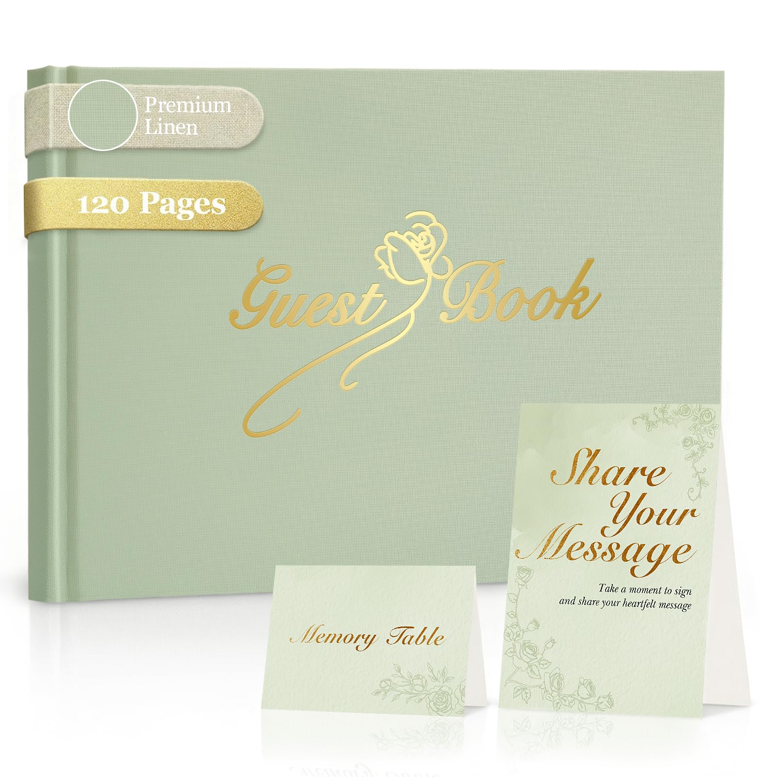 Wedding Guest Book Set, Sage Green Linen Hardcover, Gold Foil, 120 Pages โ image 1