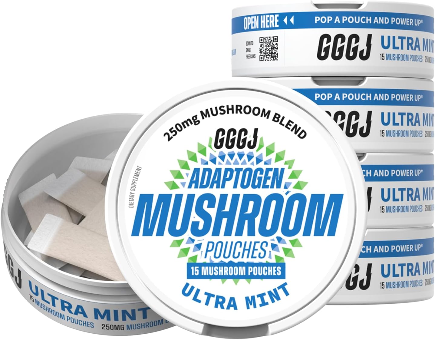 Adaptogen Mushroom Nootropic Pouches (5 Pack Mint) - 250mg Mushroom + 165mg Energy Blend, Nicotine Free & Caffeine Free, Ultra Pouch with Lion's Mane, Cordyceps, Reishi, Alpha-GPC, L-Theanine