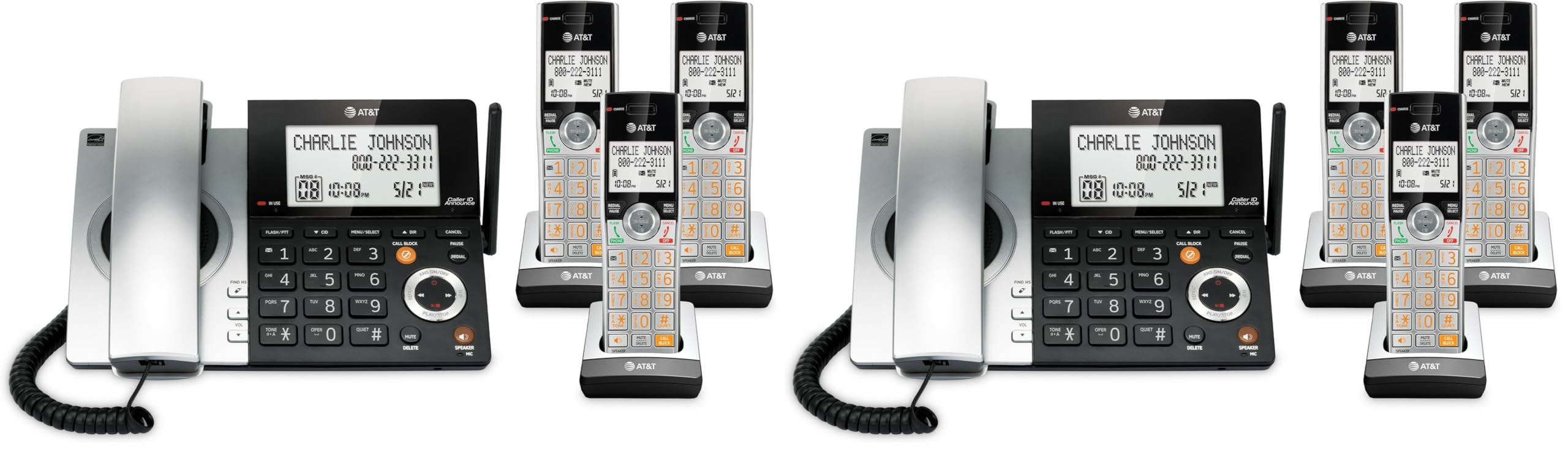AT&amp;T CL84307 Dect 6.0 Expandable Corded/Cordless Phone with Smart Call Blocker, Silver/Black with 3 Handsets (Pack of 2)