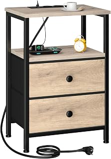 AMHANCIBLE Bedside Table with Charging Station Side Table with Cloth Box | Night Table with 2 Fabric Drawers and USB Ports, Side Table for Bedroom, Living Room, Light Brown HETS020GY-1