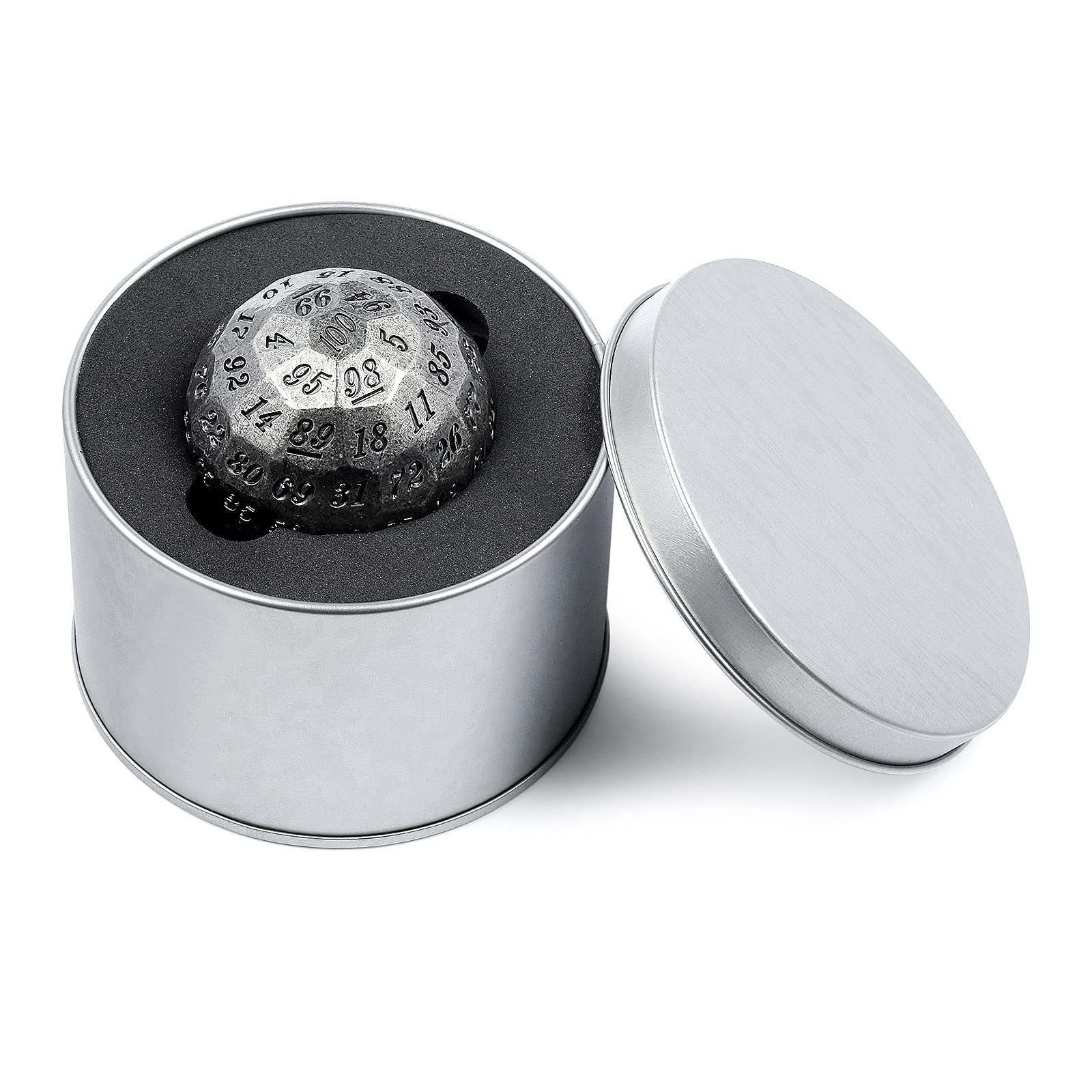 DNDND Iron D100 Lot de dés en métal 50 mm 100 faces avec étui en métal et pochette en velours pour jeu de table Dungeons et Dragons (fer avec numéro noir)