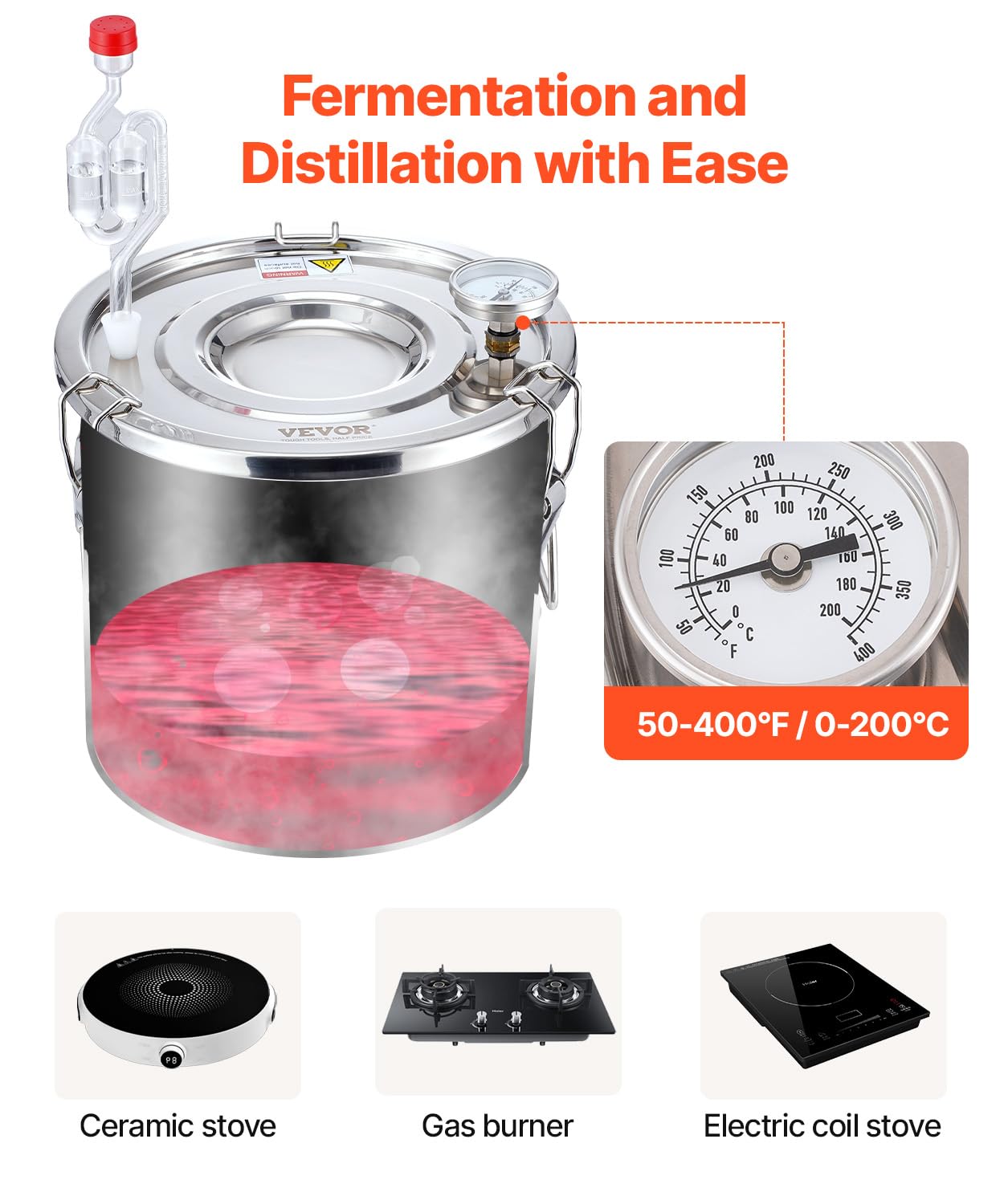 VEVOR Distillatore di Alcool da 11,4 L Distillatore di Alcool Acqua in Acciaio Inox con Bobina di Rame, Kit di Fermentazione per Raffinazione Birra Fatta in Casa con Termometro, per Vino, Argento