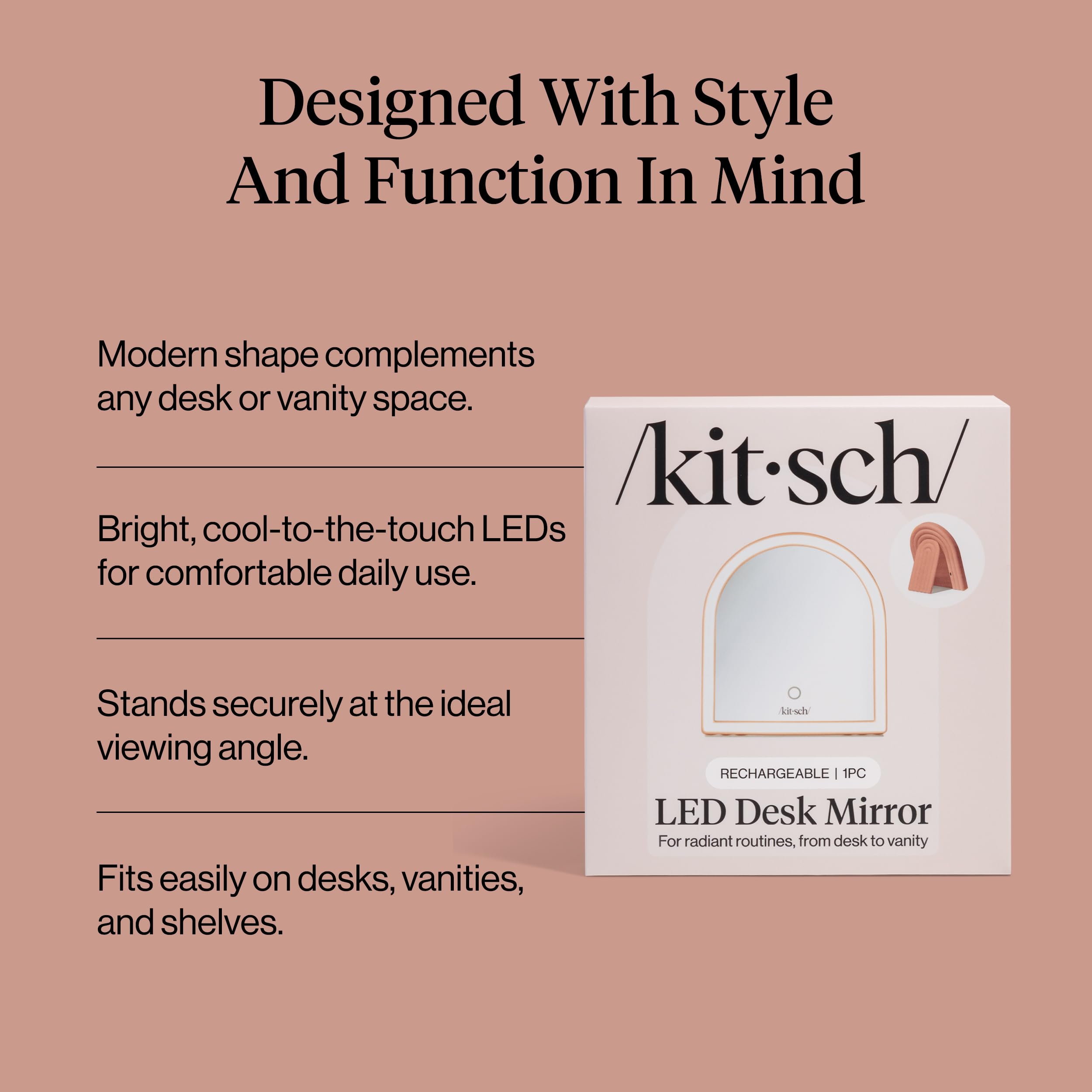 Kitsch Specchio da scrivania ad arco con luci, superficie per trucco a LED, sensore touch, dimmerabile, luce calda neutra fredda, specchio da scrivania ricaricabile con cavalletto, per viaggi