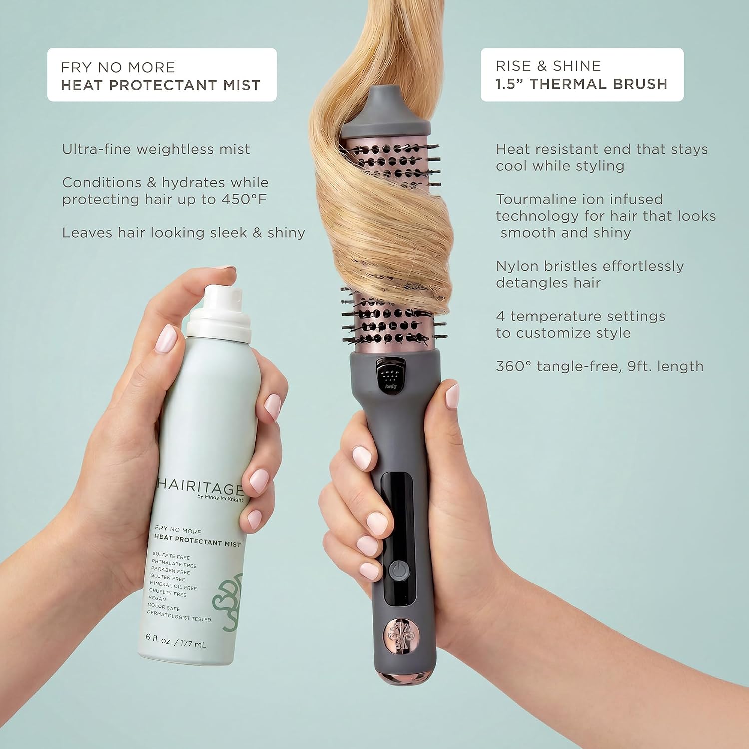 Hairitage Heated Curl Brush & Heat Protectant Spray Styling Bundle