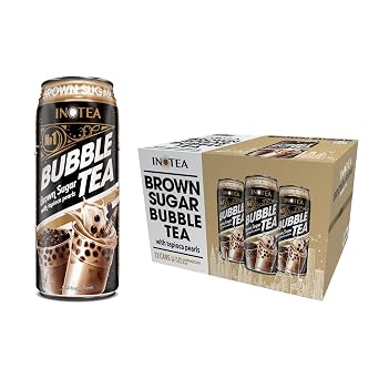 Pack of 12 INOTEA Bubble Tea Brown Sugar Flavor. Ready to Drink in a Can 16.6oz/can. Black Milk Tea with Boba. Brown Sugar