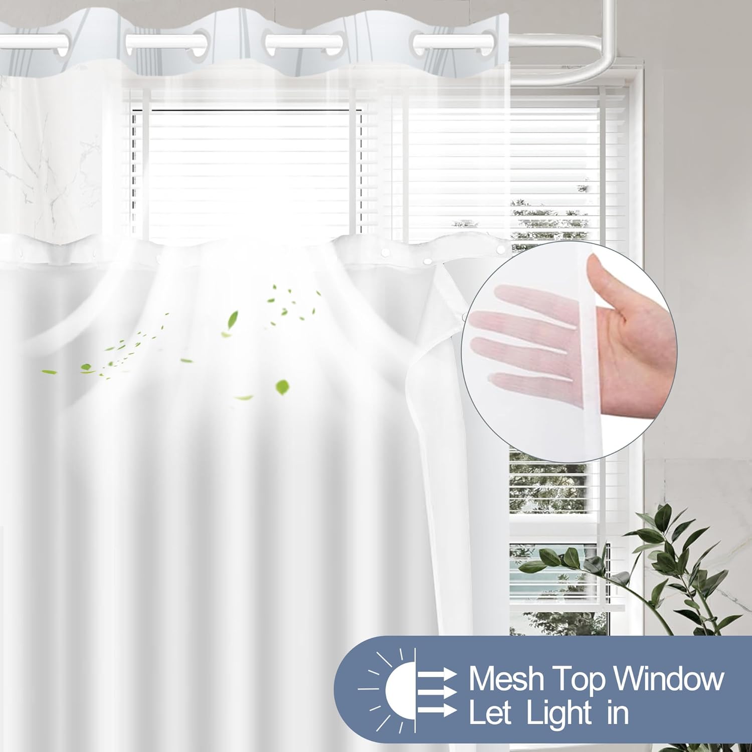 Extra Long No Hook Shower Curtain and Liner Set, Grey Blue Striped Shower Curtains with Snap in Fabric Liner, Hotel Ringless Waterproof Washable with See Through Top Window, 71" x 84"