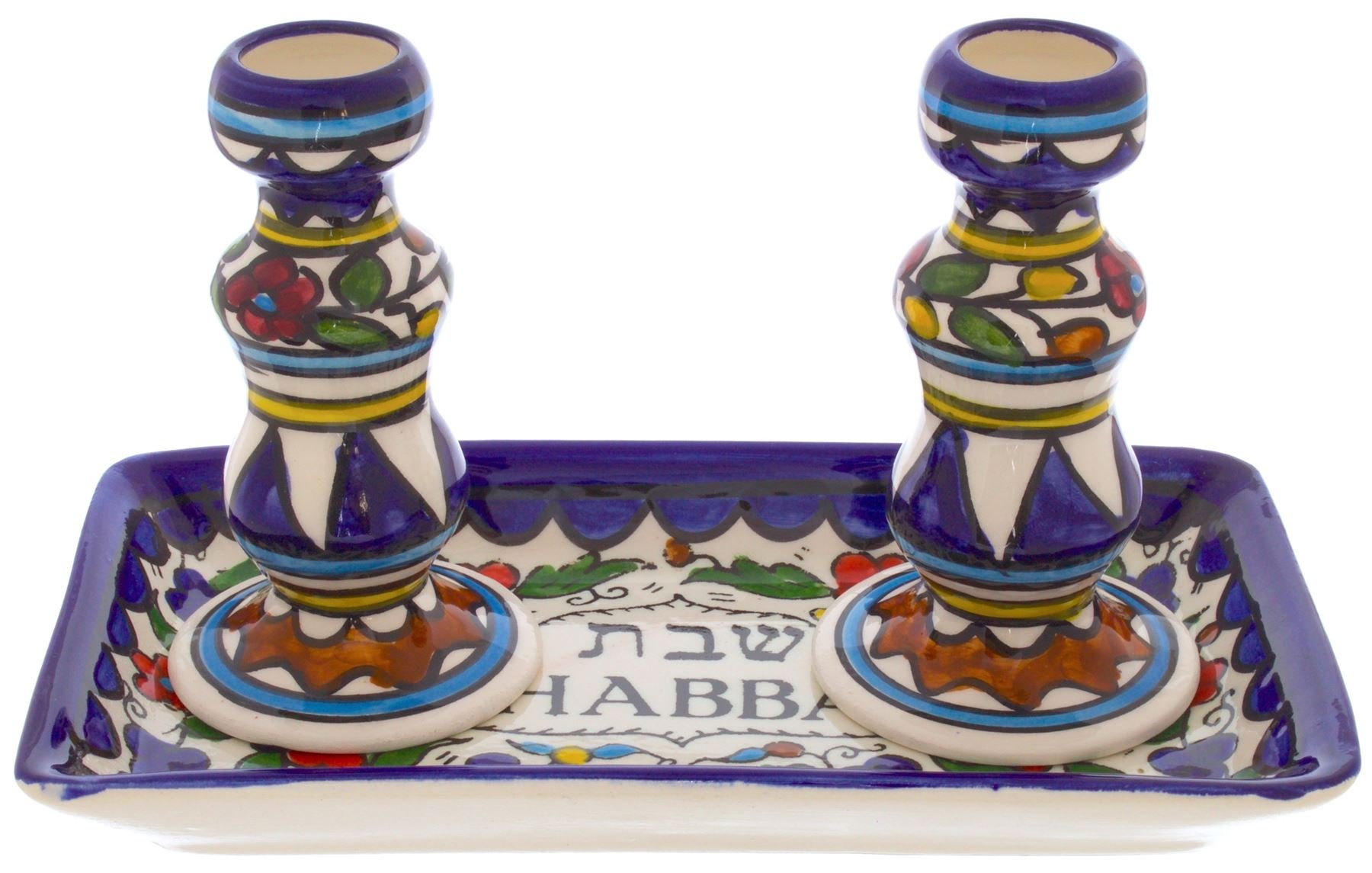 Armenian Ceramics Shabbat Candlesticks with Tray, Colourful Flowers Design, Blue