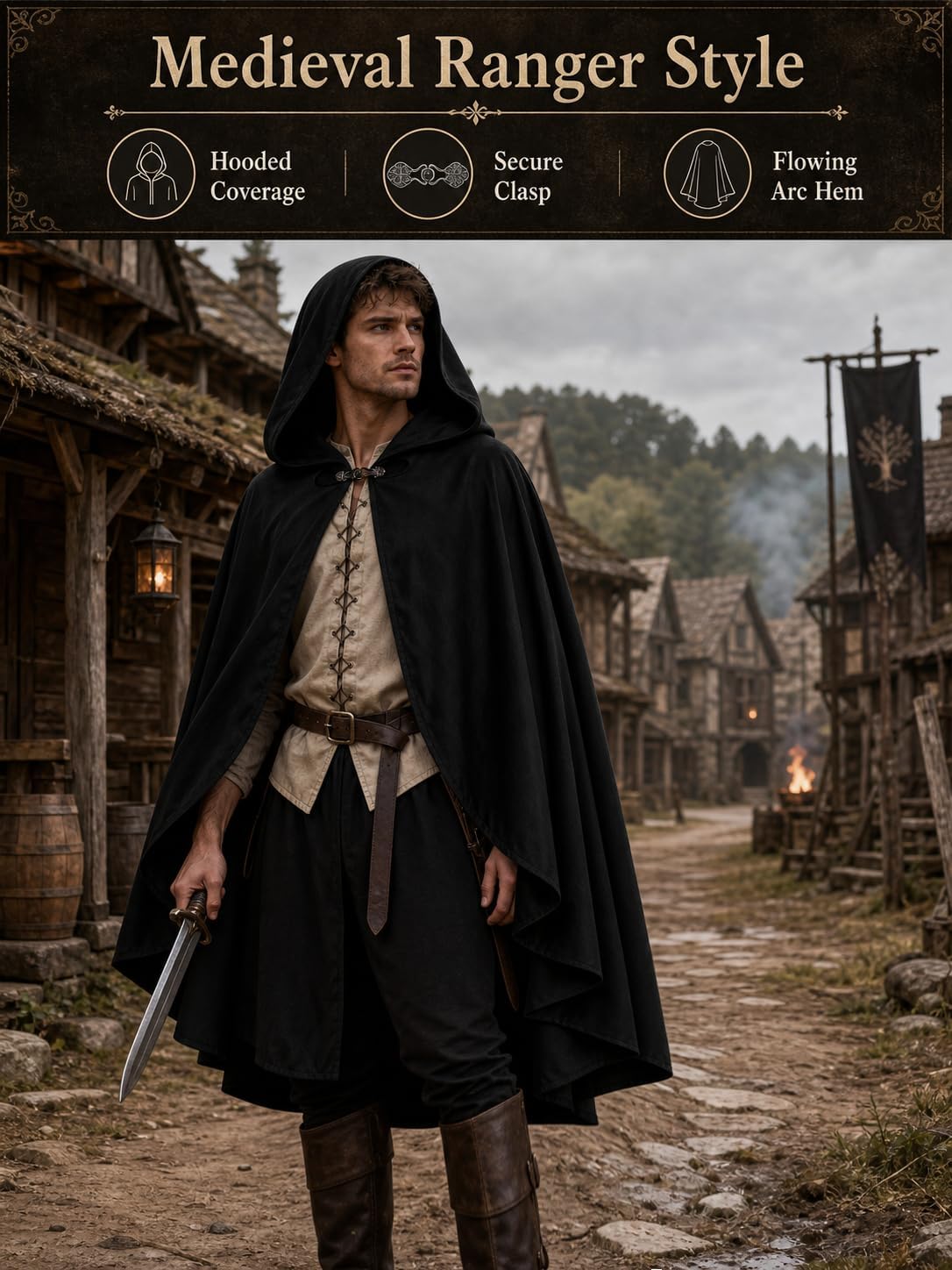 JEGERMIG Medieval Cloak Costume, 8 Colors for Halloween & Ren Faire Cape