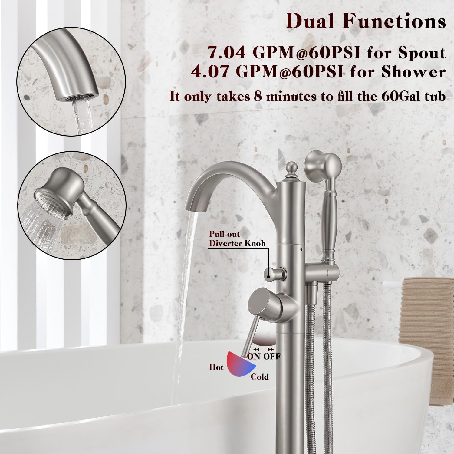Freestanding Tub Faucets, Classic Freestanding Bathtub Faucet with Retro Handheld Sprayer High Flow Max 7.04GPM Floor Mount Tub Filler Swivel Spout Bath Tub faucet Brushed Nickel (WT-9002BN) - Image 4