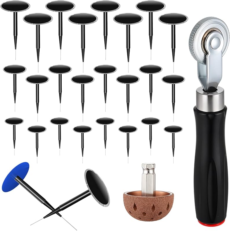 26Pcs Tire Repair Patch Tool Kit,Including 24pcs Tire Patch Plugs(35/40/50 mm), Tungsten Buffing Wheel, Tire Patch Roller with 4mm Twist Drill Bits,Tire Patch Kit for Vehicles