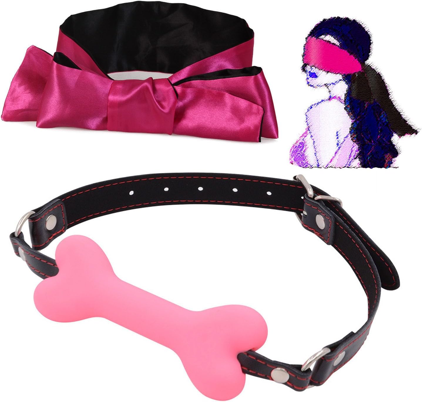 BDSM Bone Shape Mouth Gag and Blindfold Strap, Couple Popular Bondage Training Set for Role Playing Games -LC12USW