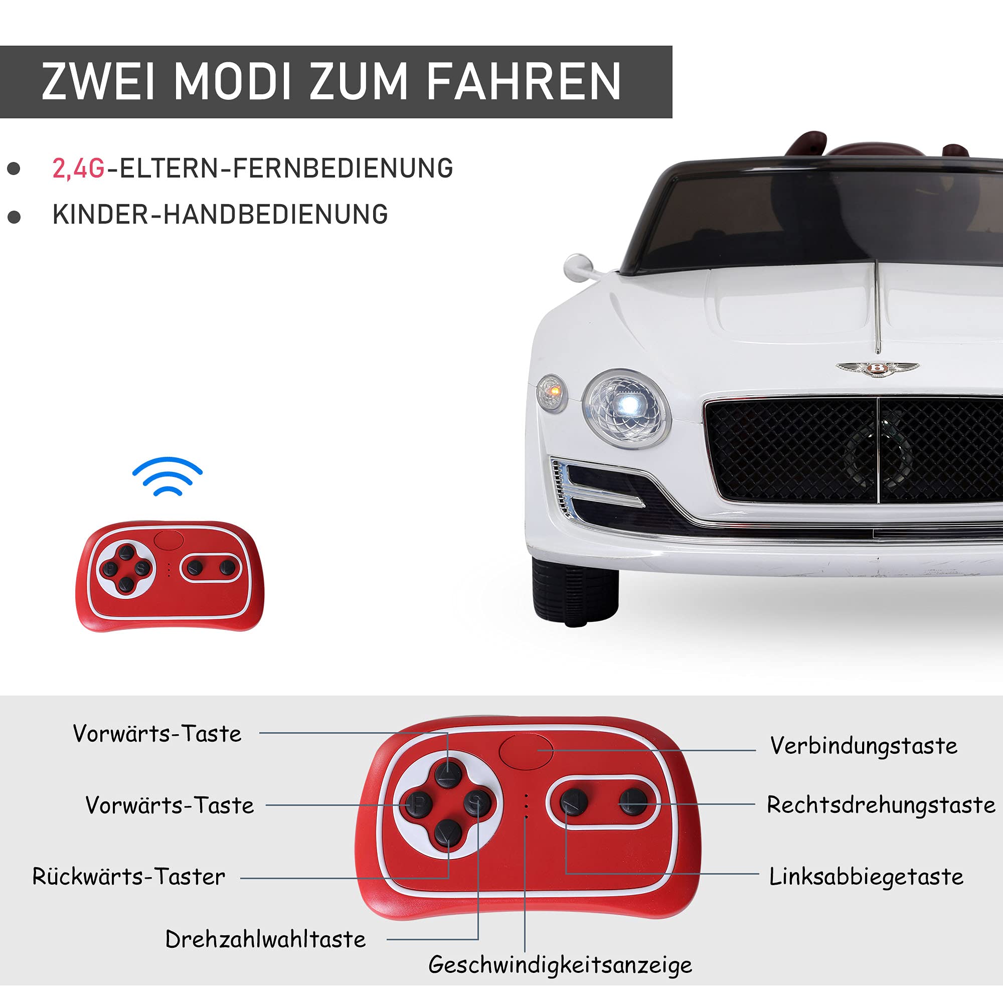 HOMCOM Kinder Elektroauto Bentley GT Lizenziert 108 x 60 x 43 cm Weiß | Elektrisch Kinderauto, 2,4G-Fernbedienung, MP3, Musik, Hupe, LED-Leuchten, Elektroauto Kinderfahrzeug, für 3-5 Jahre