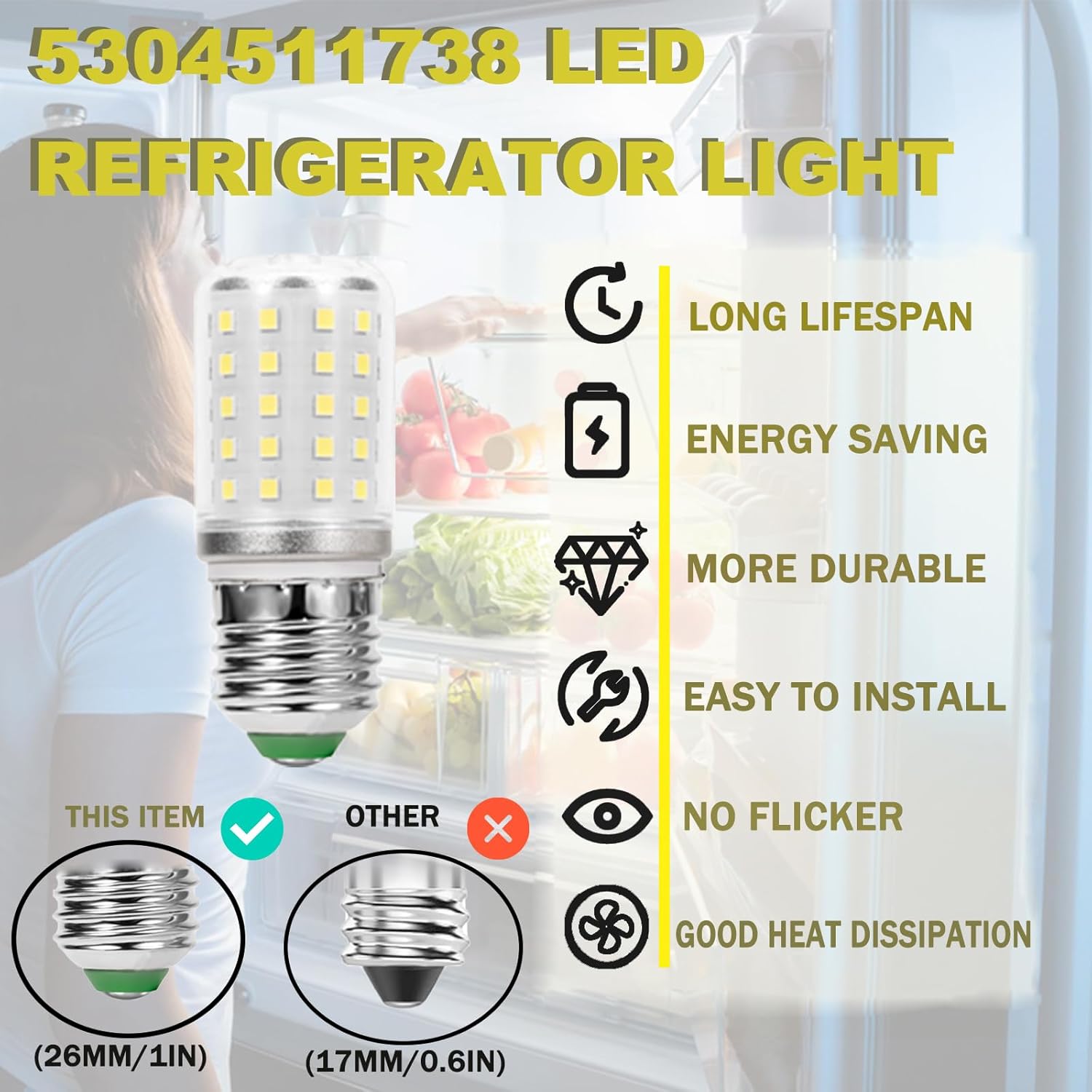 KEI D34L Refrigerator Bulb 5304511738, LED Refrigerator Light Bulbs 3.5W for Frigidaire Kenmore KEL 3418L Light Bulb Replacement(85V-265V 6500K White Light)-2 Pack