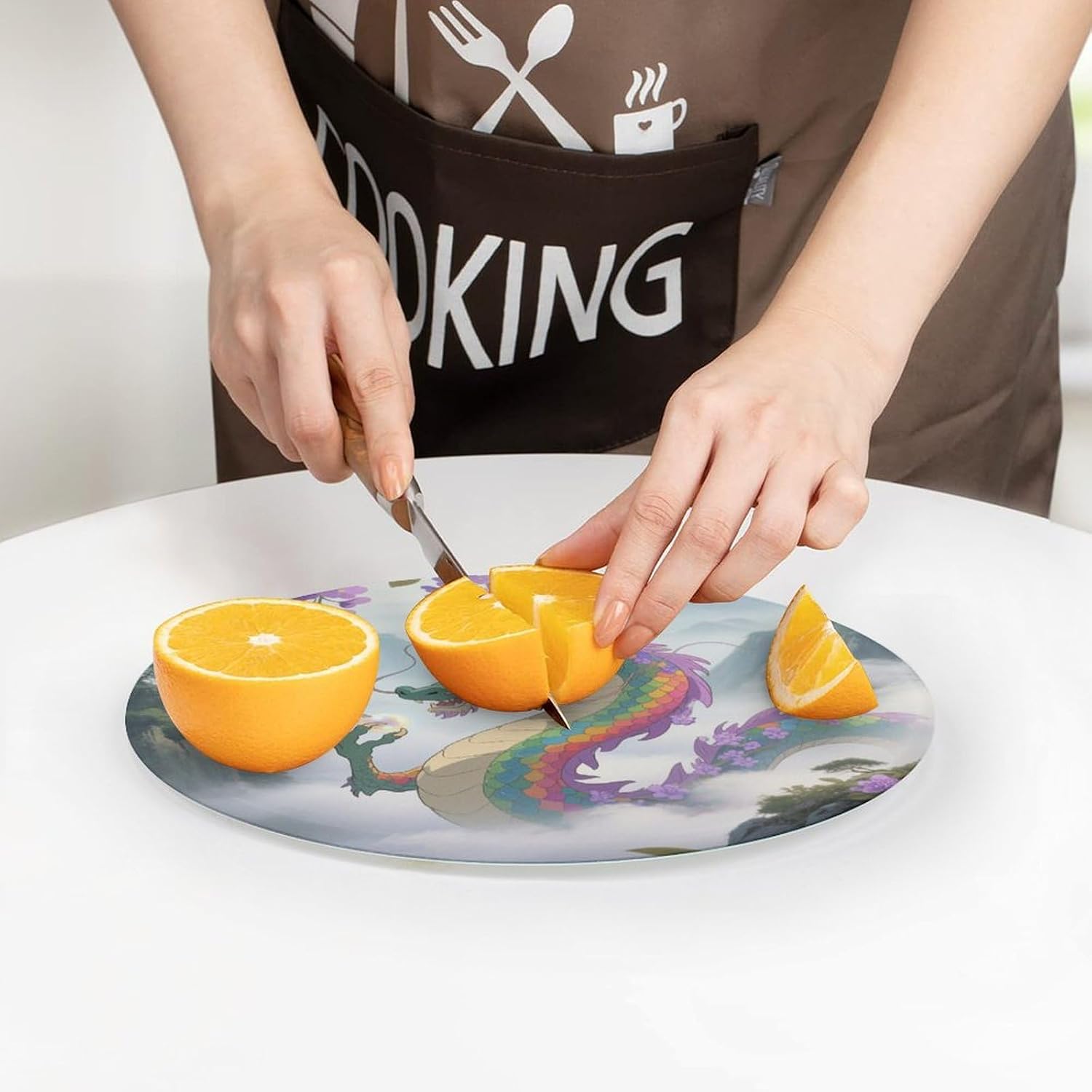 Rainbow Scaled Eastern Dragon Tempered Glass Cutting Board Sturdy Chopping Block Personalized Large Butcher Block Lightweight Round Chopping Mat for Kitchen Non Slip