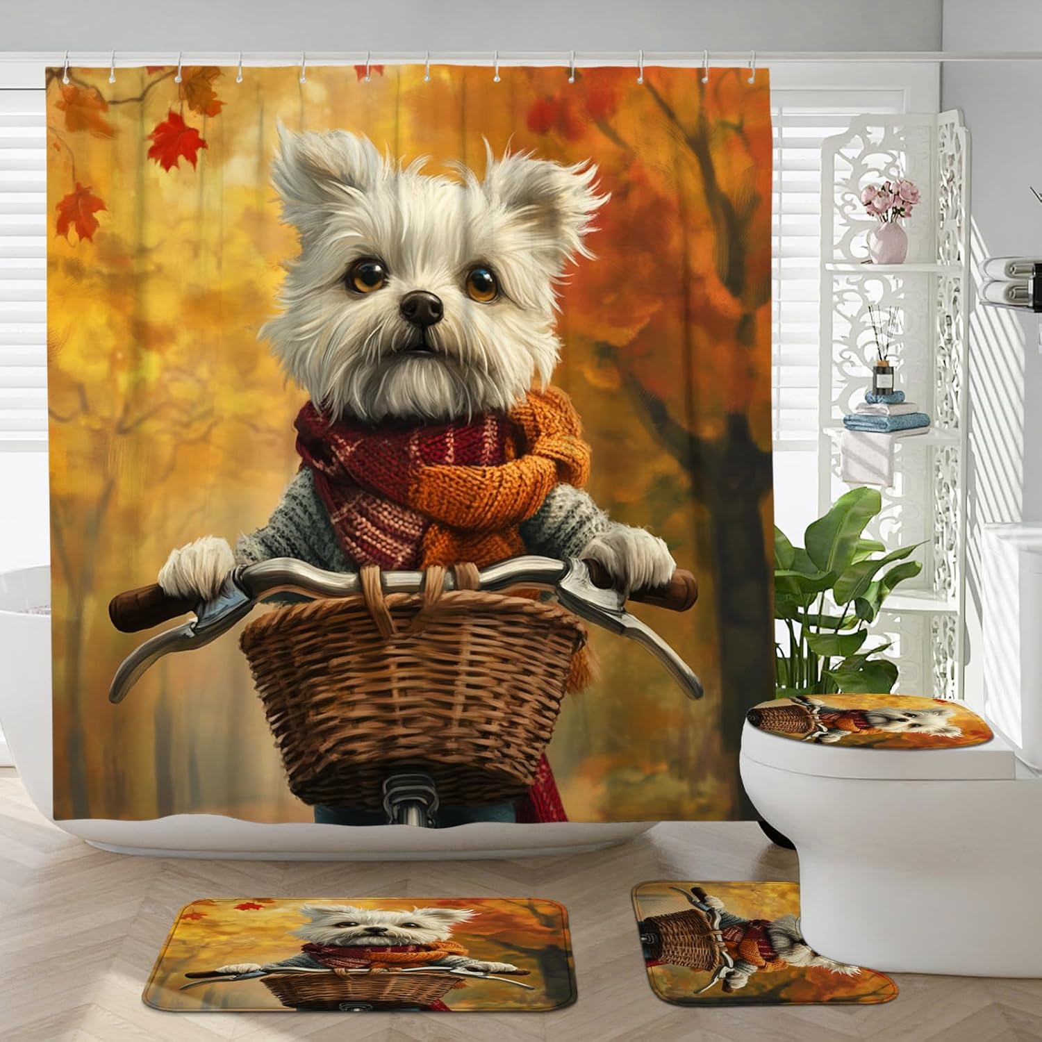4PCS Kid Fall Bicycle Cartoon Animal Bathroom Accessory Sets with Non-Slip Rug, U Shape and Toilet Lid Cover Mat, Autumn Maple Leaf Bick Bathroom Decorative-72''x72''