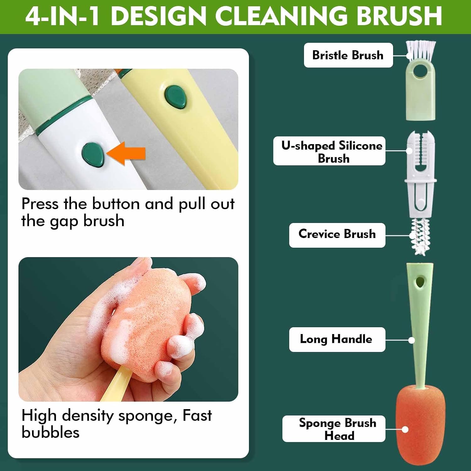 Bottle Cleaning Brush 5 PCS Long Handle Bottle Brush 4 in 1 Detachable Multifunctional Sponge Bottle Brush with Nipple Cleaning Brush and Bottle Gap Cleaner Brush