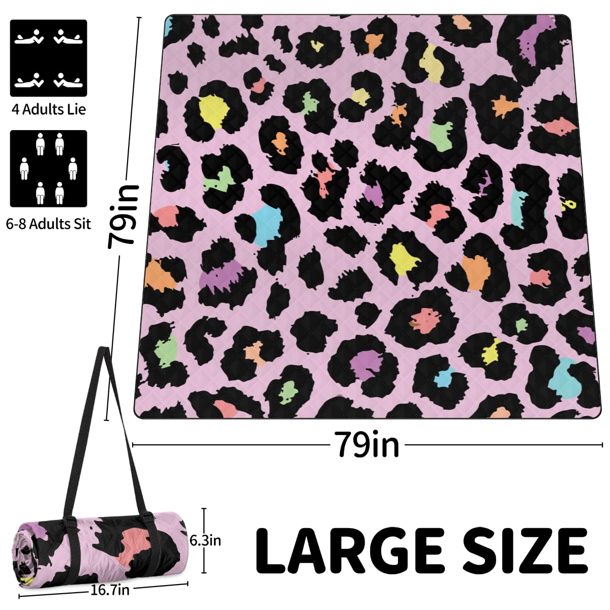 Shimoshe Extra Large Picnic Blankets 79”x 79”, Pink Leopard Print Waterproof Foldable Picnic Mat with Straps Portable Beach Blanket for Camping Park Grass Beach Indoor