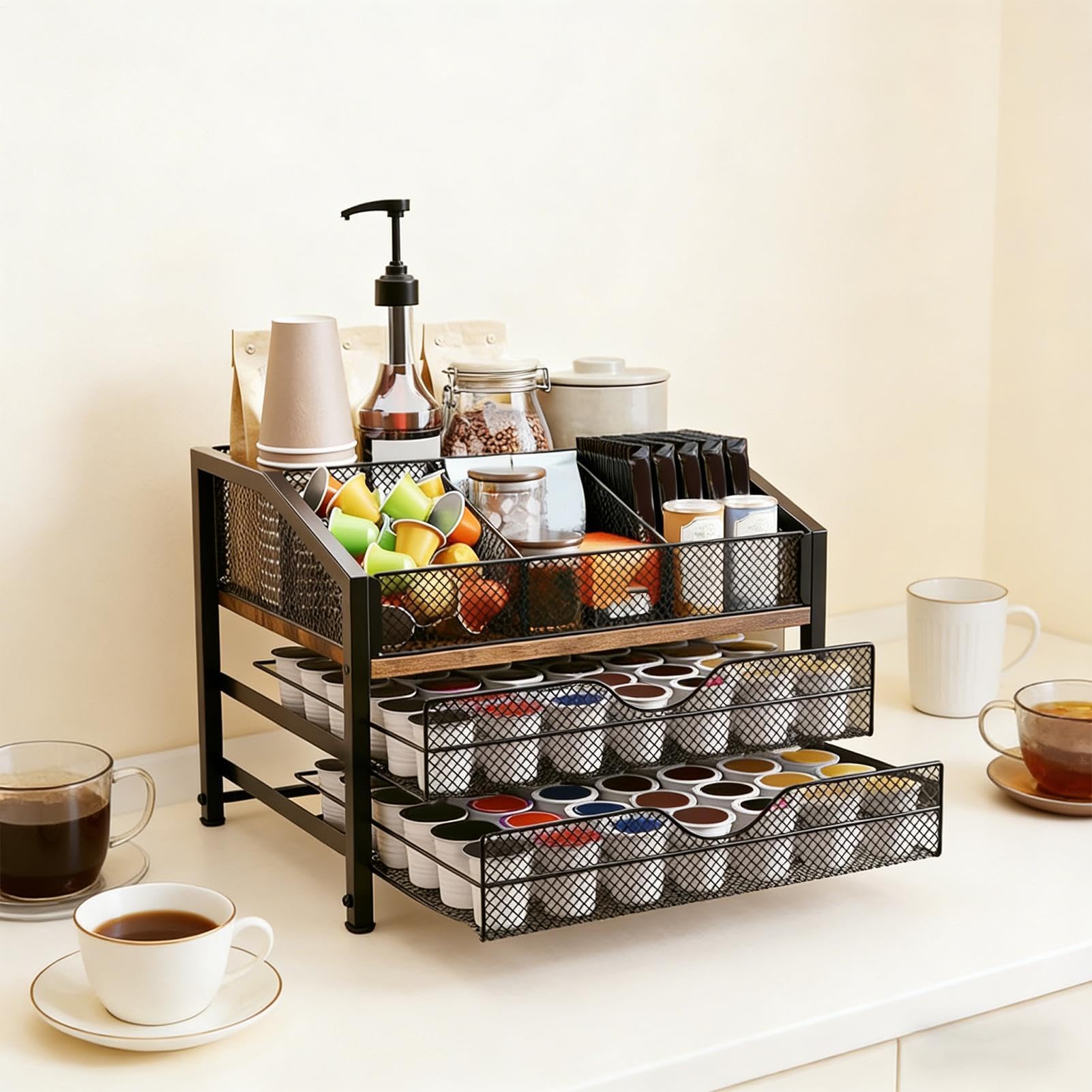 Portacapsule caffè Ripiano in Metallo e Legno con Cassetto Grande Capacità | Organizer per coffee bar Per cassetto, piano di lavoro, armadietto, muro, frigorifero, cucina, bar, caffetteria, scriva