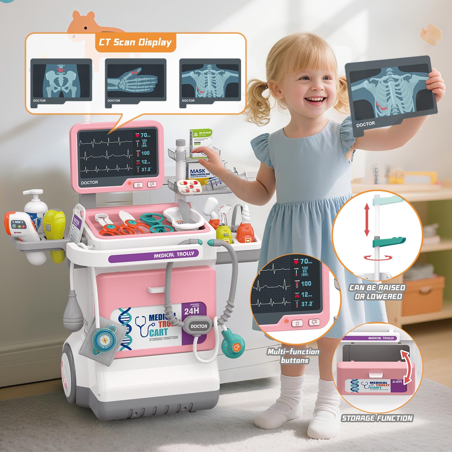 Arztkoffer Kinder, Arztwagen mit Ton & Licht ,Medizinische Spielzeug Mit Echtem Stethoskop Rollenspiel Spielzeug ,Doktor Spielzeug Set für Jungen Mädchen ab 3 Jahren, großes Geschenk für Kinder(Rosa)