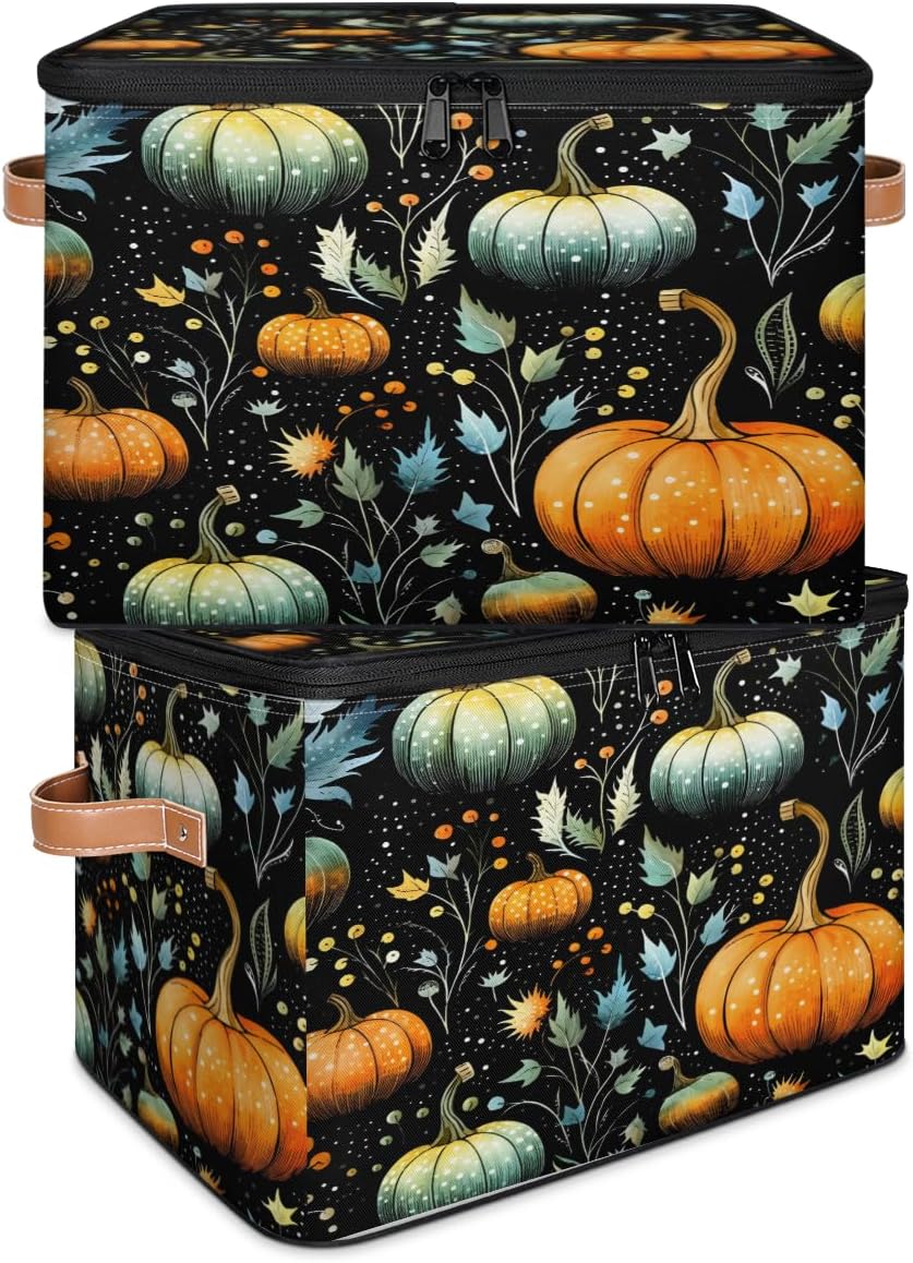 Storage Bin Set of 2 Pumpkin Leaves Storage Basket with Zipper Lid & Handle Foldable Closet Shelf 2 Pack Cloth Organizer Basket Cube Bins Clothes Organizer for Bedroom, Nursery