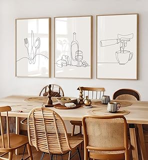 3Pcs Line Drawing Kitchen Wall Art, Modern Black White Minimalist Kitche...