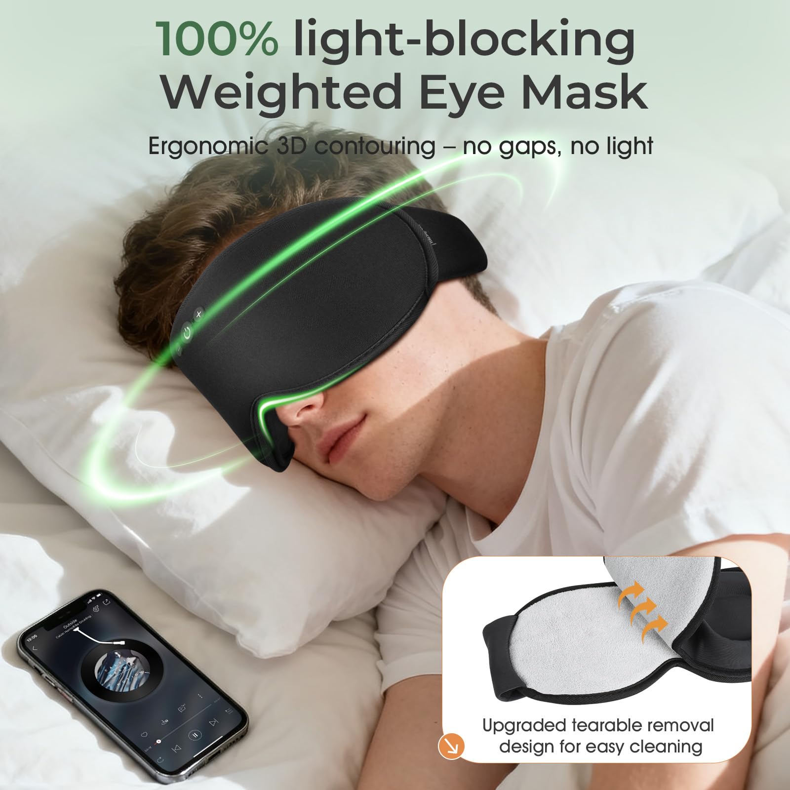 MUSICOZY Máscara para dormir de algodón de bambú, máscara de ojos con peso 3D, 100% opaca, Bluetooth 5.4, máscara de dormir cero presión ocular, máscara de ojos cálida y refrescante, auriculares para