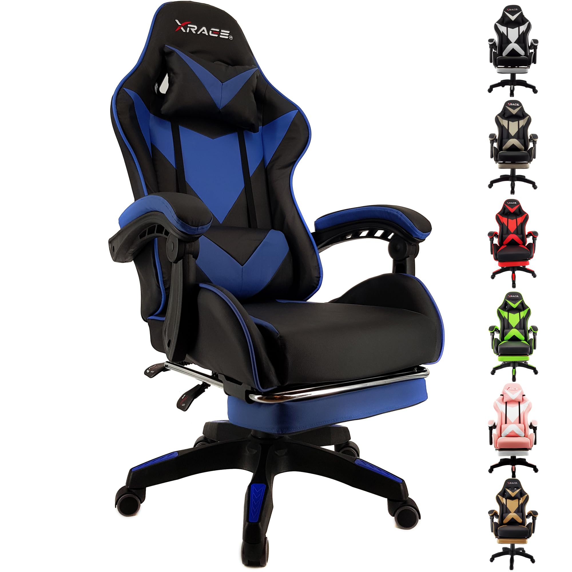 xRace Gaming Stuhl, Bürostuhl, Ergonomischer Pc Stuhl, Gaming Sessel aus Leder mit Lendenwirbelstütze, Verstellbarer Drehbarer, Task Stühle mit Fußstütze und Kopfstütze, Blau