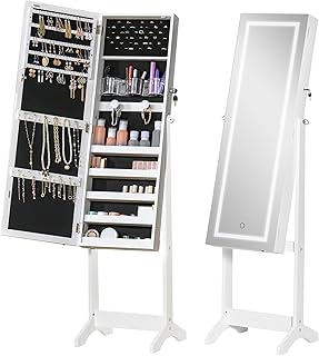 Comprar HOMCOM Espejo Joyero con Luces LED, Armario para Joyas, Armario Joyero de Pie con Espejo Entero, Inclinado en 3 Ángulos, Cierre Magnético, Cerradura con 2 Llaves, Blanco
